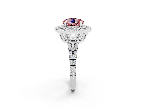 Silver Round Cut Morganite Double Halo Ring with Pavé Band and Prong Setting
