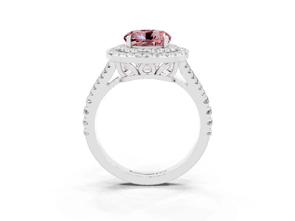 Platinum Round Cut Morganite Double Halo Ring with Pavé Band and Prong Setting