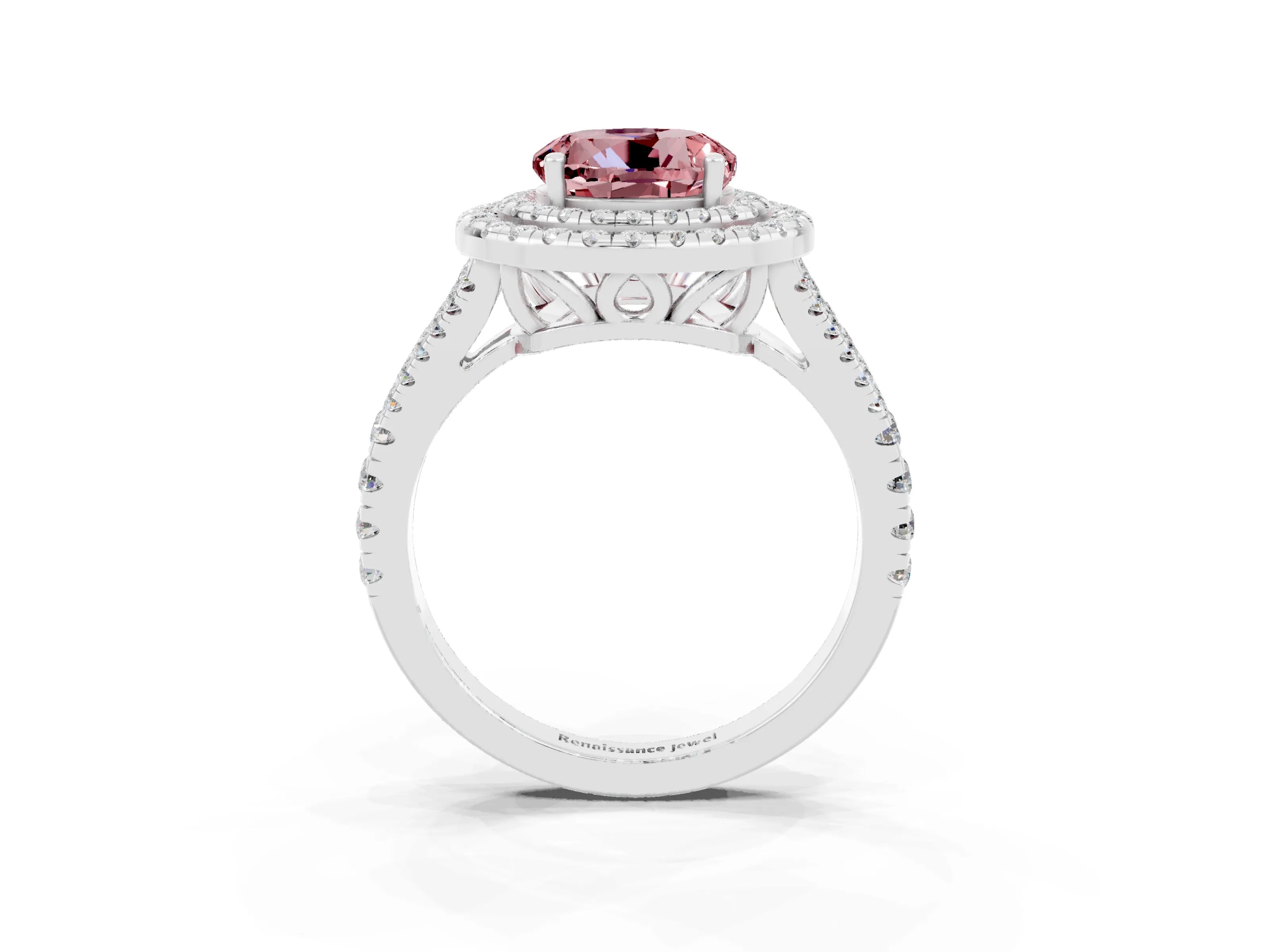 White gold Round Cut Morganite Double Halo Ring with Pavé Band and Prong Setting_15
