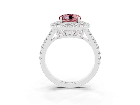 White gold Round Cut Morganite Double Halo Ring with Pavé Band and Prong Setting_15