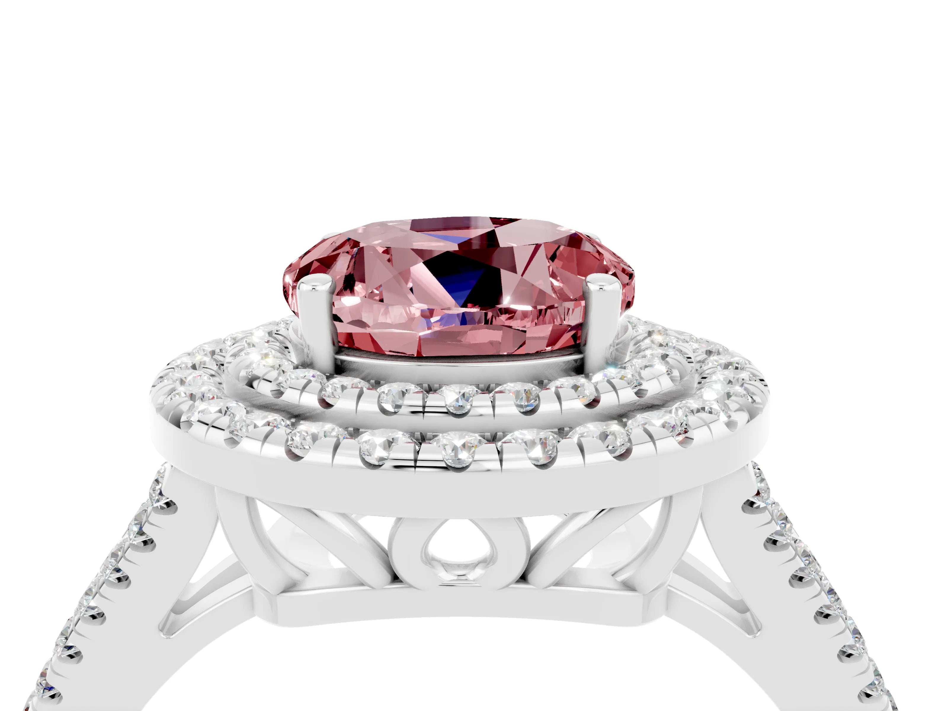 White gold Round Cut Morganite Double Halo Ring with Pavé Band and Prong Setting_16