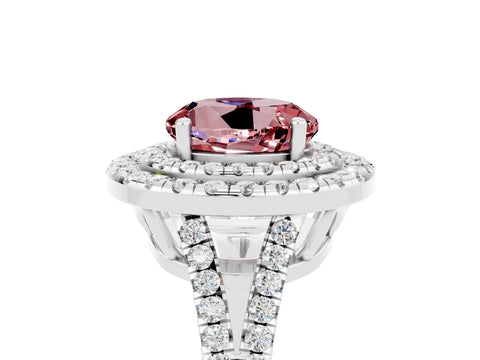 White gold Round Cut Morganite Double Halo Ring with Pavé Band and Prong Setting_17