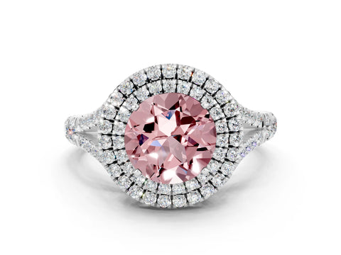White gold Round Cut Morganite Double Halo Ring with Split Shank and Prong Setting_12