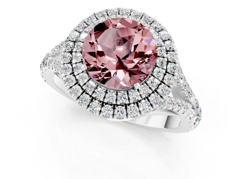 White gold Round Cut Morganite Double Halo Ring with Split Shank and Prong Setting_13