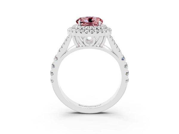 Silver Round Cut Morganite Double Halo Ring with Split Shank and Prong Setting