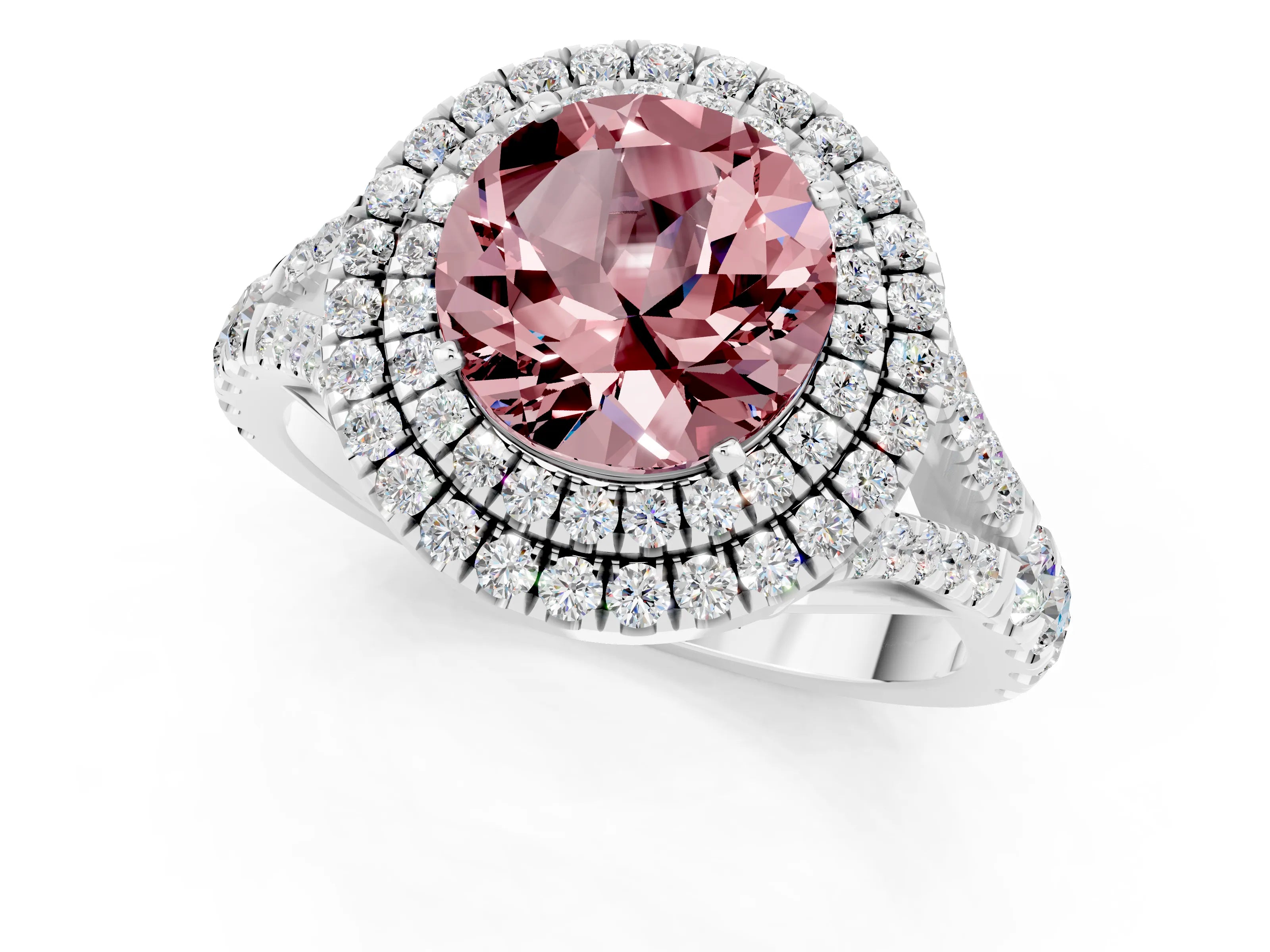 White gold Round Cut Morganite Double Halo Ring with Split Shank and Prong Setting_25