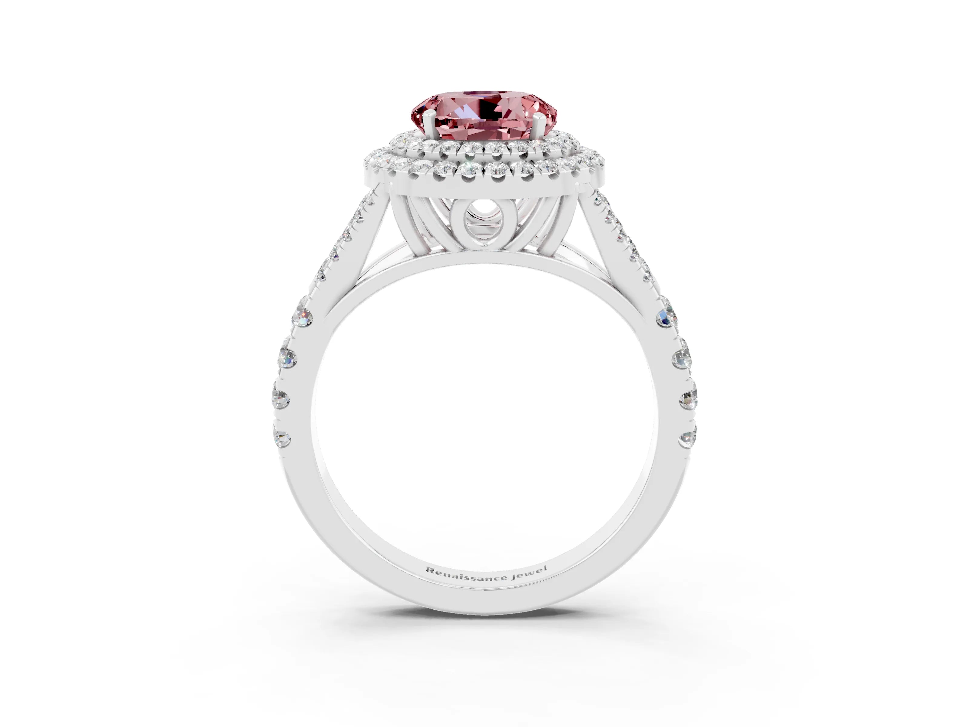 White gold Round Cut Morganite Double Halo Ring with Split Shank and Prong Setting_27