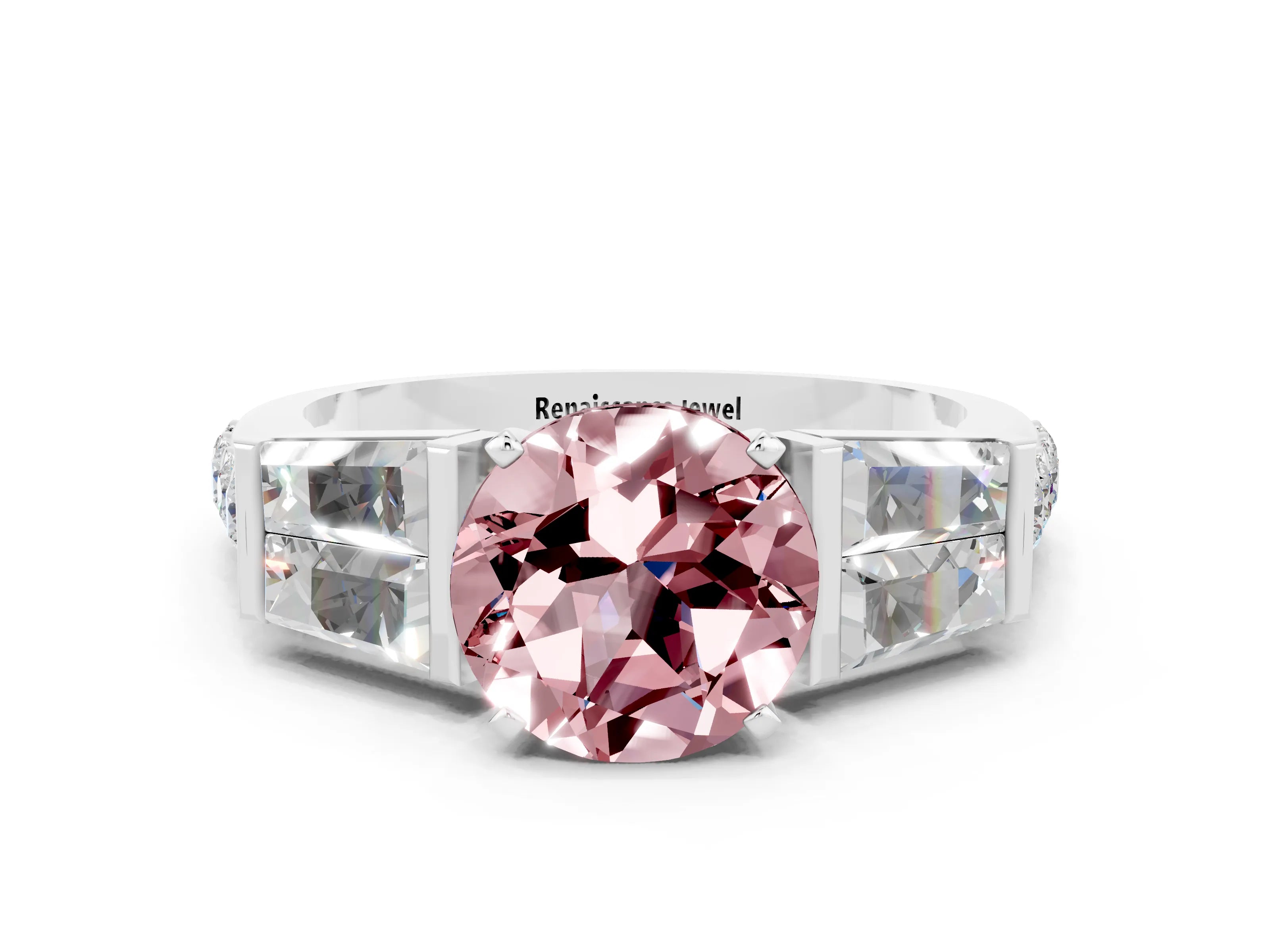 White gold Round Cut Morganite Engagement Ring with Baguette Side Stones and Channel Set Band
