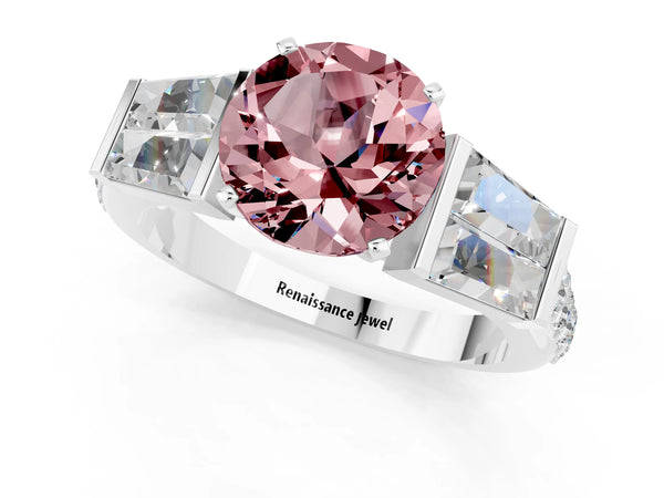 White gold Round Cut Morganite Engagement Ring with Baguette Side Stones and Channel Set Band
