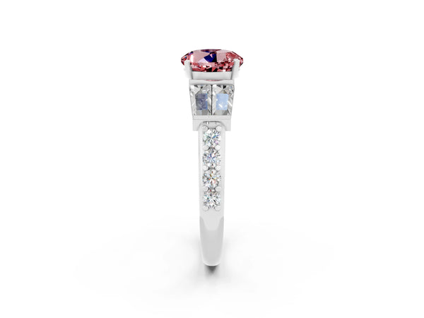 White gold Round Cut Morganite Engagement Ring with Baguette Side Stones and Channel Set Band