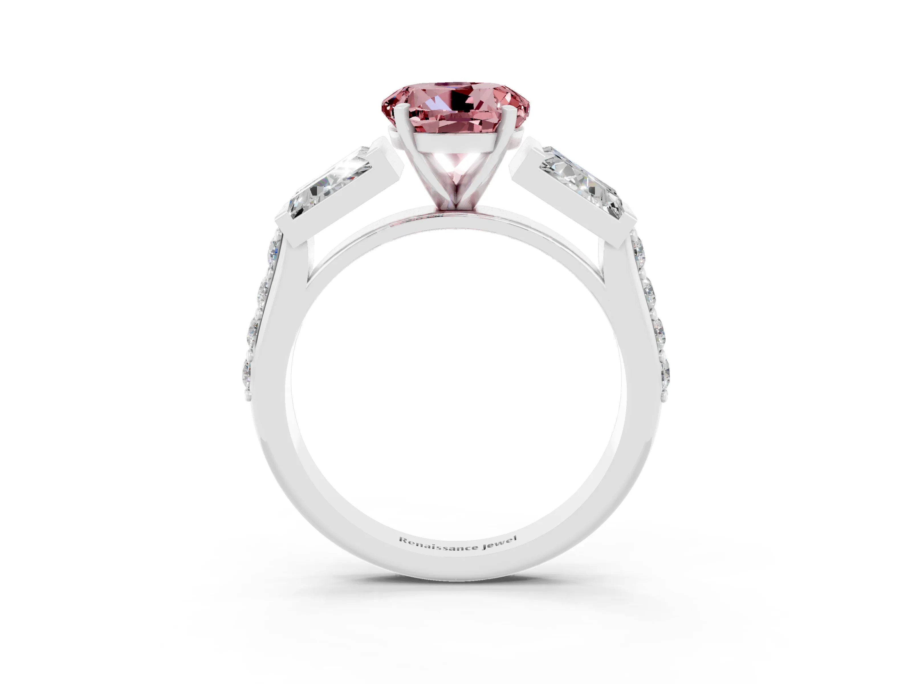 White gold Round Cut Morganite Engagement Ring with Baguette Side Stones and Channel Set Band_3