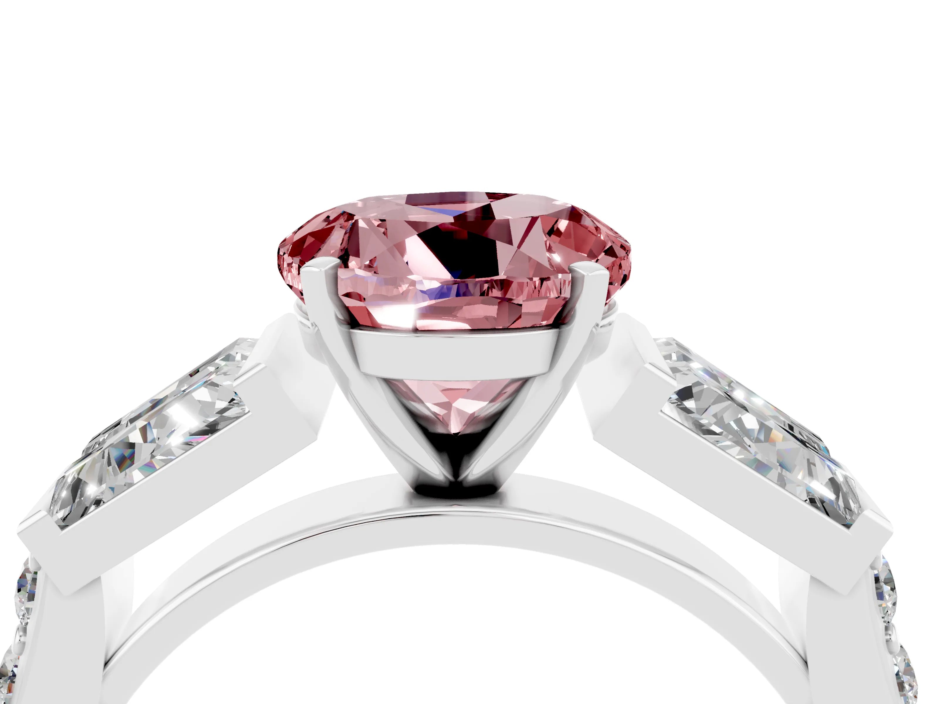 White gold Round Cut Morganite Engagement Ring with Baguette Side Stones and Channel Set Band_4