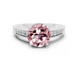 White gold Round Cut Morganite Engagement Ring with Milgrain Channel Set Band and Prong Setting