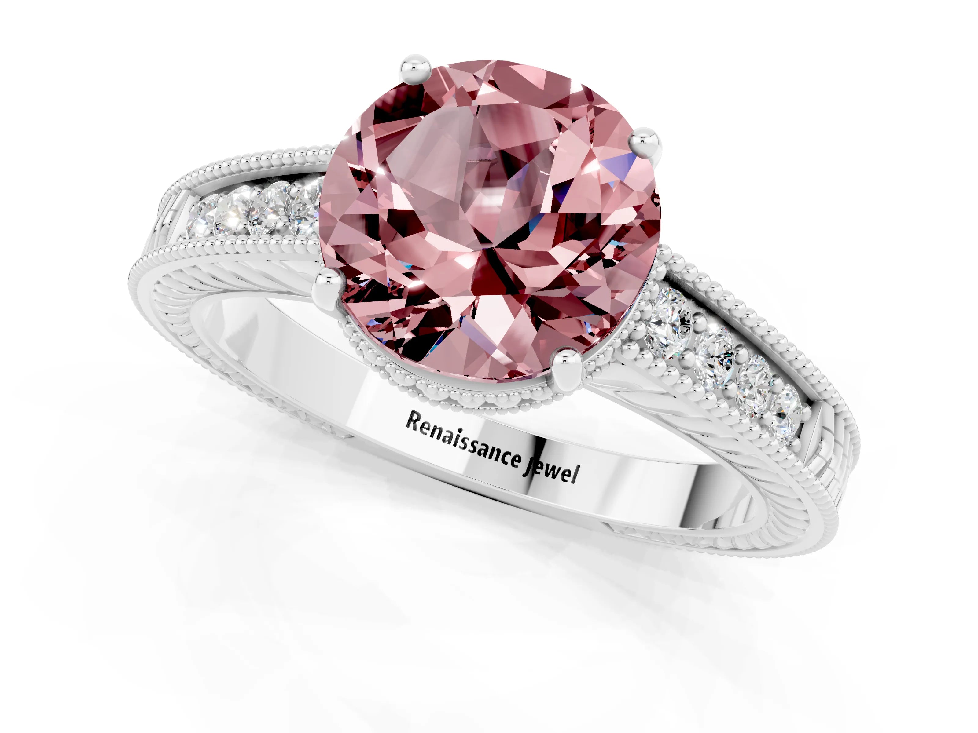 White gold Round Cut Morganite Engagement Ring with Milgrain Channel Set Band and Prong Setting_1