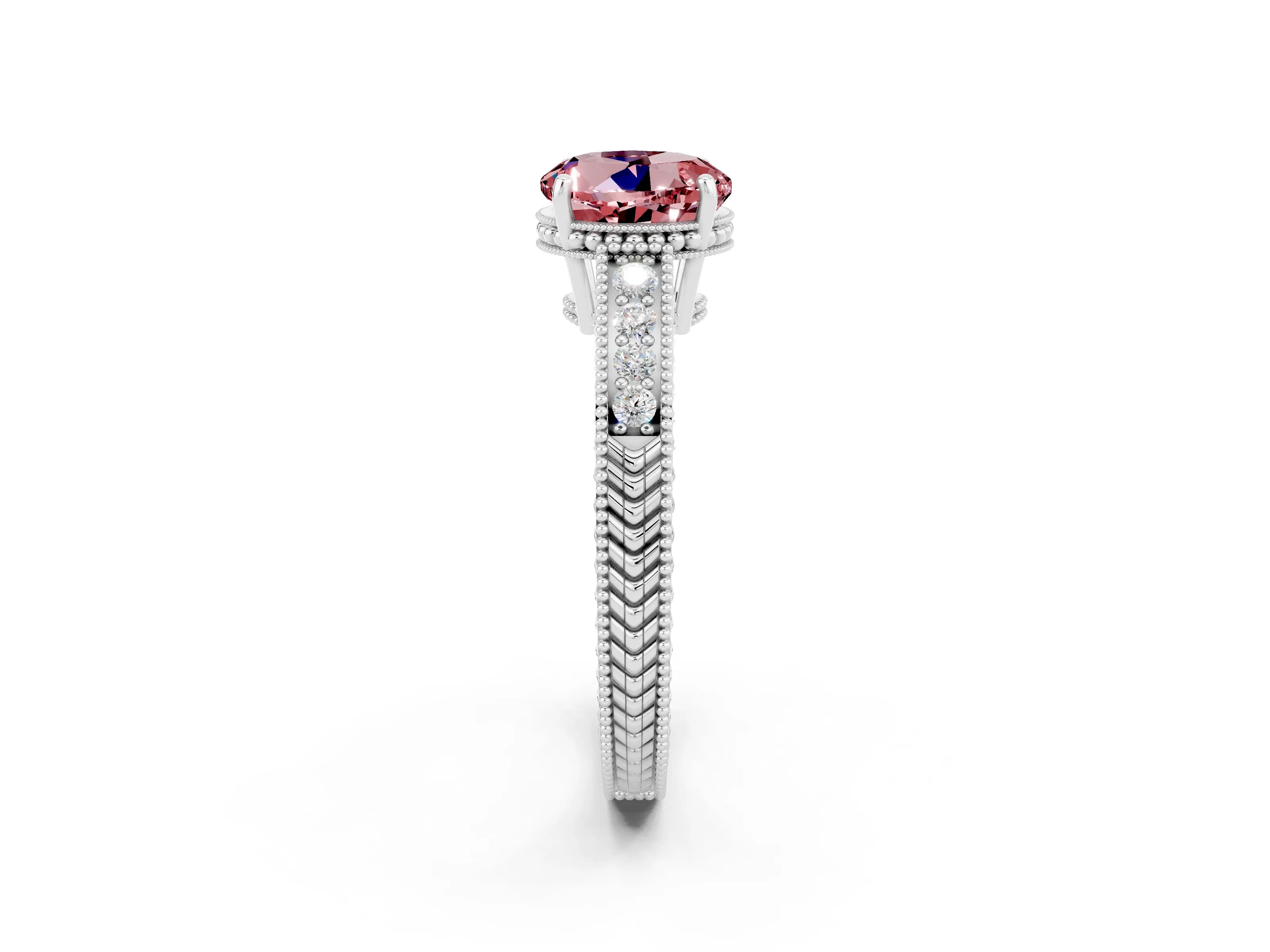 White gold Round Cut Morganite Engagement Ring with Milgrain Channel Set Band and Prong Setting_2