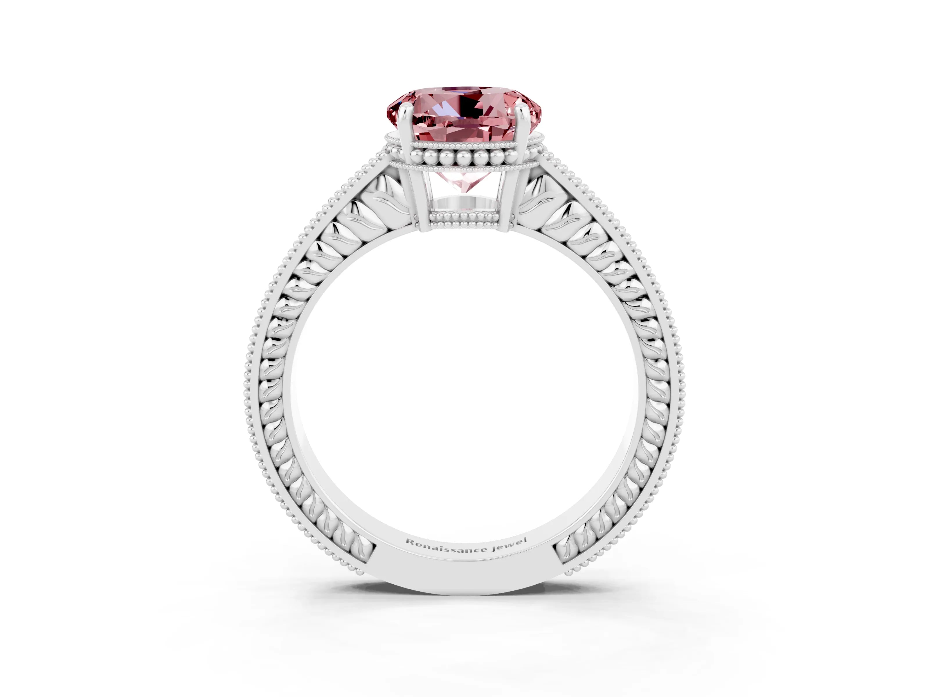 White gold Round Cut Morganite Engagement Ring with Milgrain Channel Set Band and Prong Setting_3