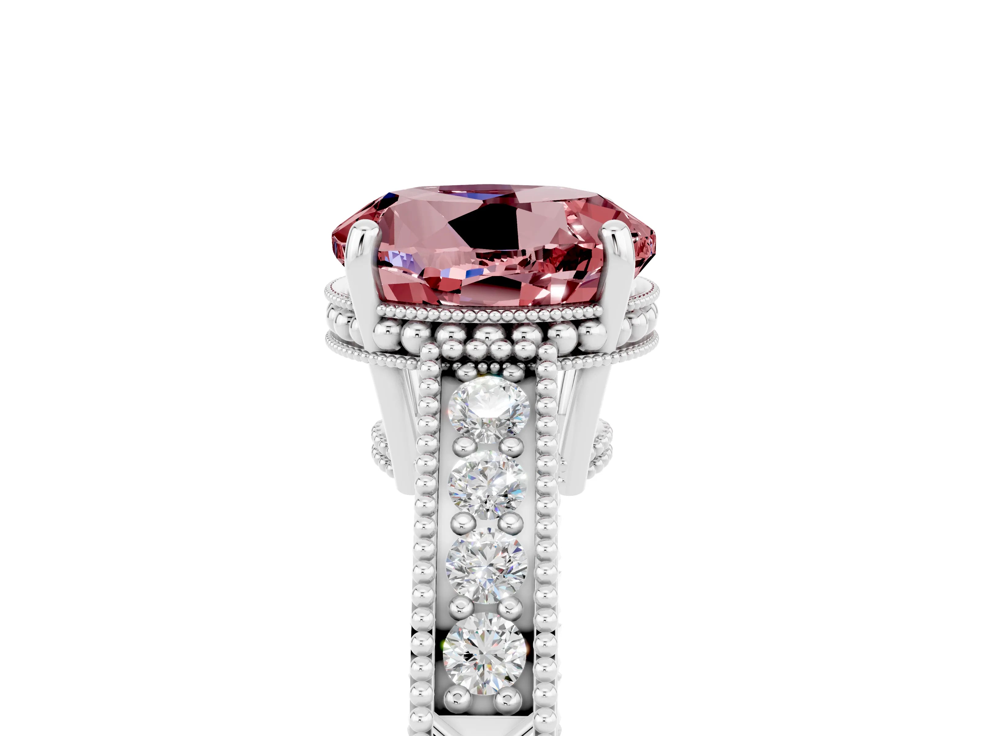 White gold Round Cut Morganite Engagement Ring with Milgrain Channel Set Band and Prong Setting_5