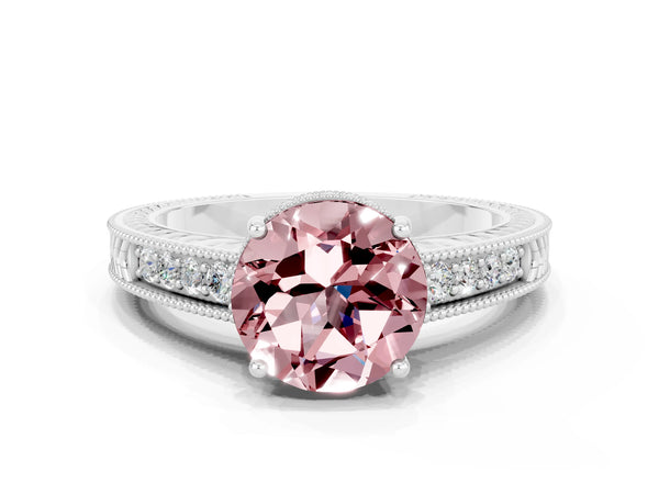 White gold Round Cut Morganite Engagement Ring with Milgrain Channel Set Band and Prong Setting