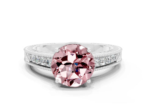 White gold Round Cut Morganite Engagement Ring with Milgrain Channel Set Band and Prong Setting