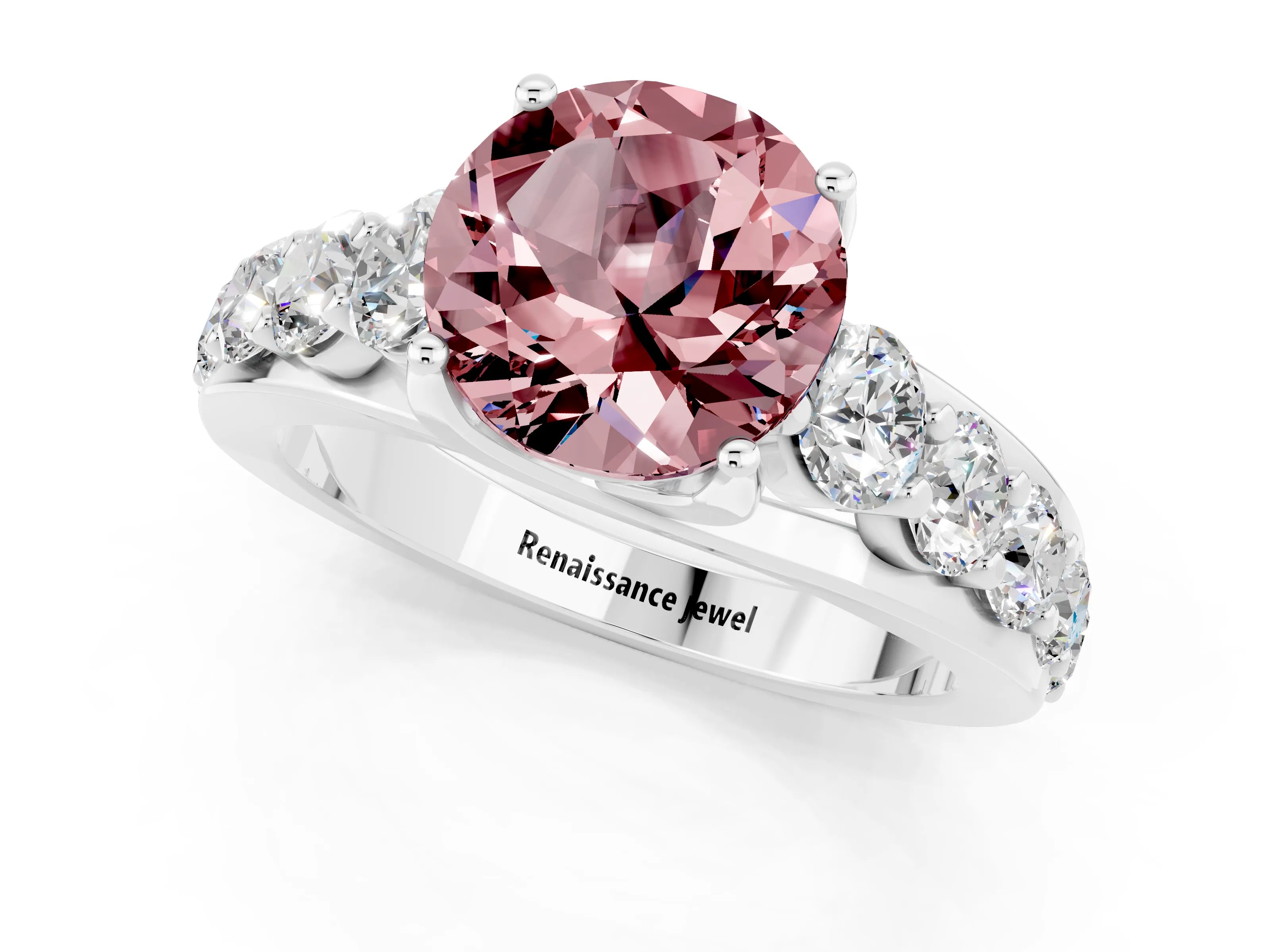 White gold Round Cut Morganite Engagement Ring with Pavé Band and Four-Prong Setting_1