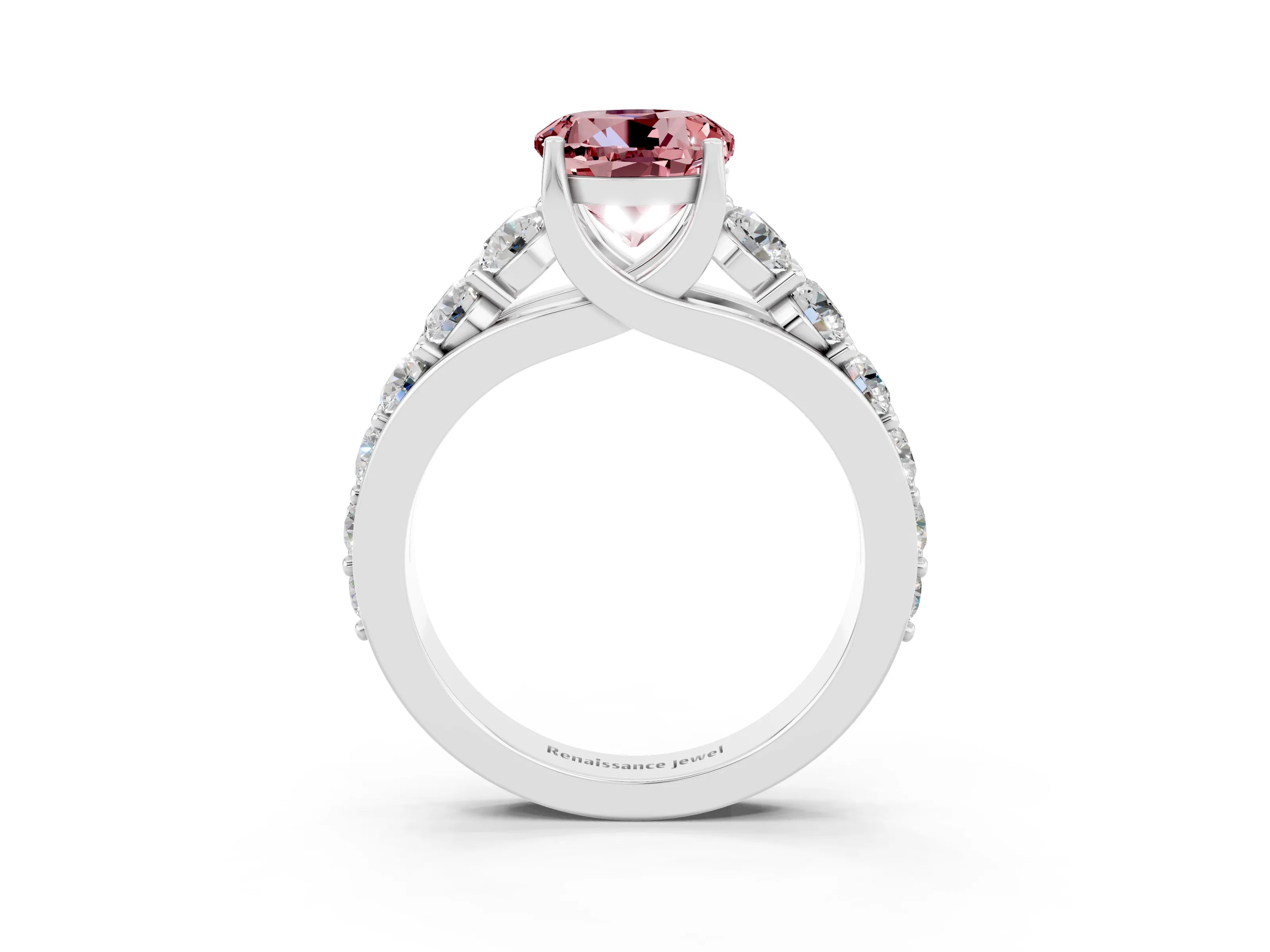 White gold Round Cut Morganite Engagement Ring with Pavé Band and Four-Prong Setting_3