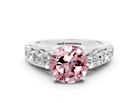 White gold Round Cut Morganite Engagement Ring with Pavé Band and Four-Prong Setting