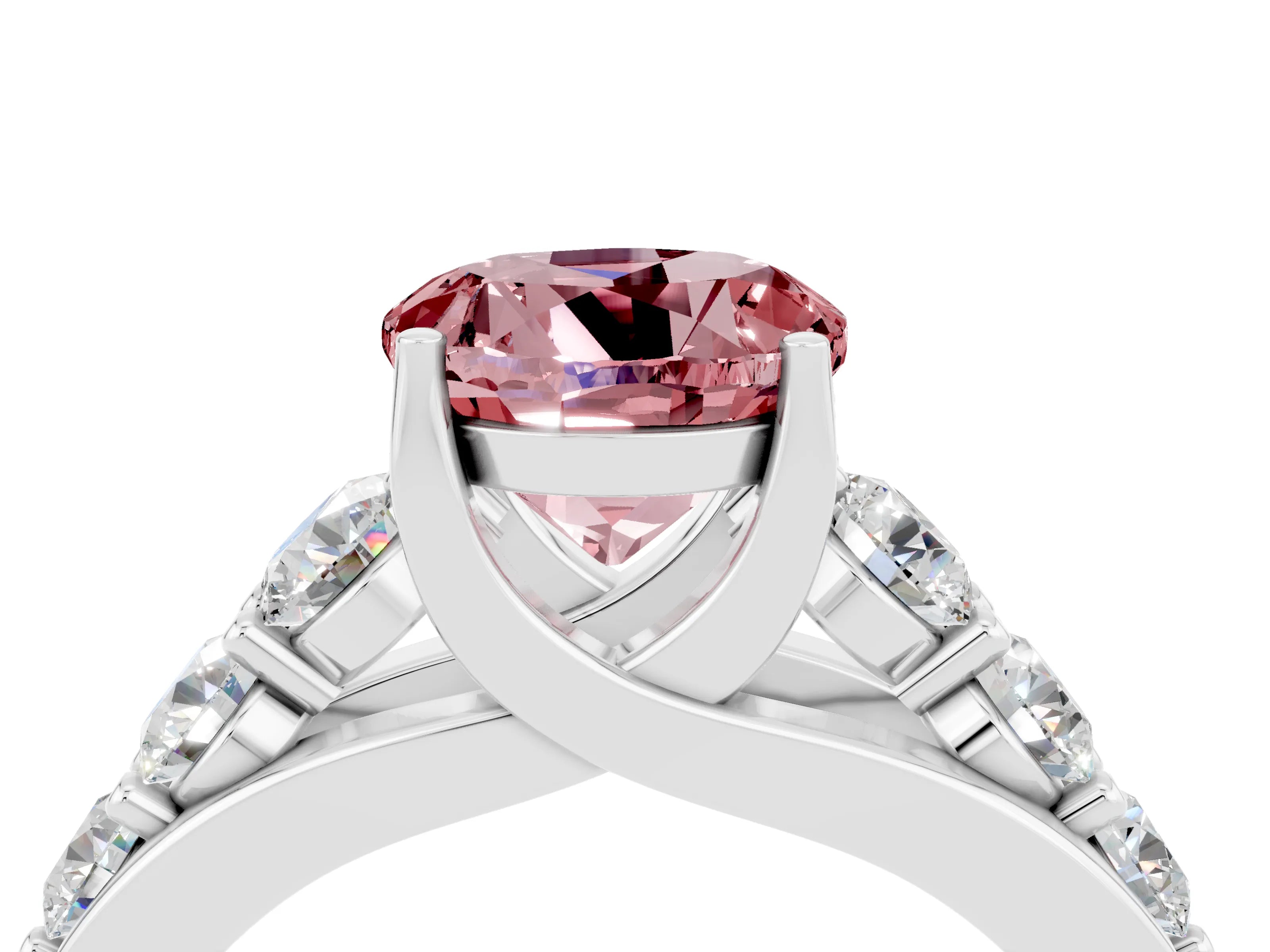 White gold Round Cut Morganite Engagement Ring with Pavé Band and Four-Prong Setting_4