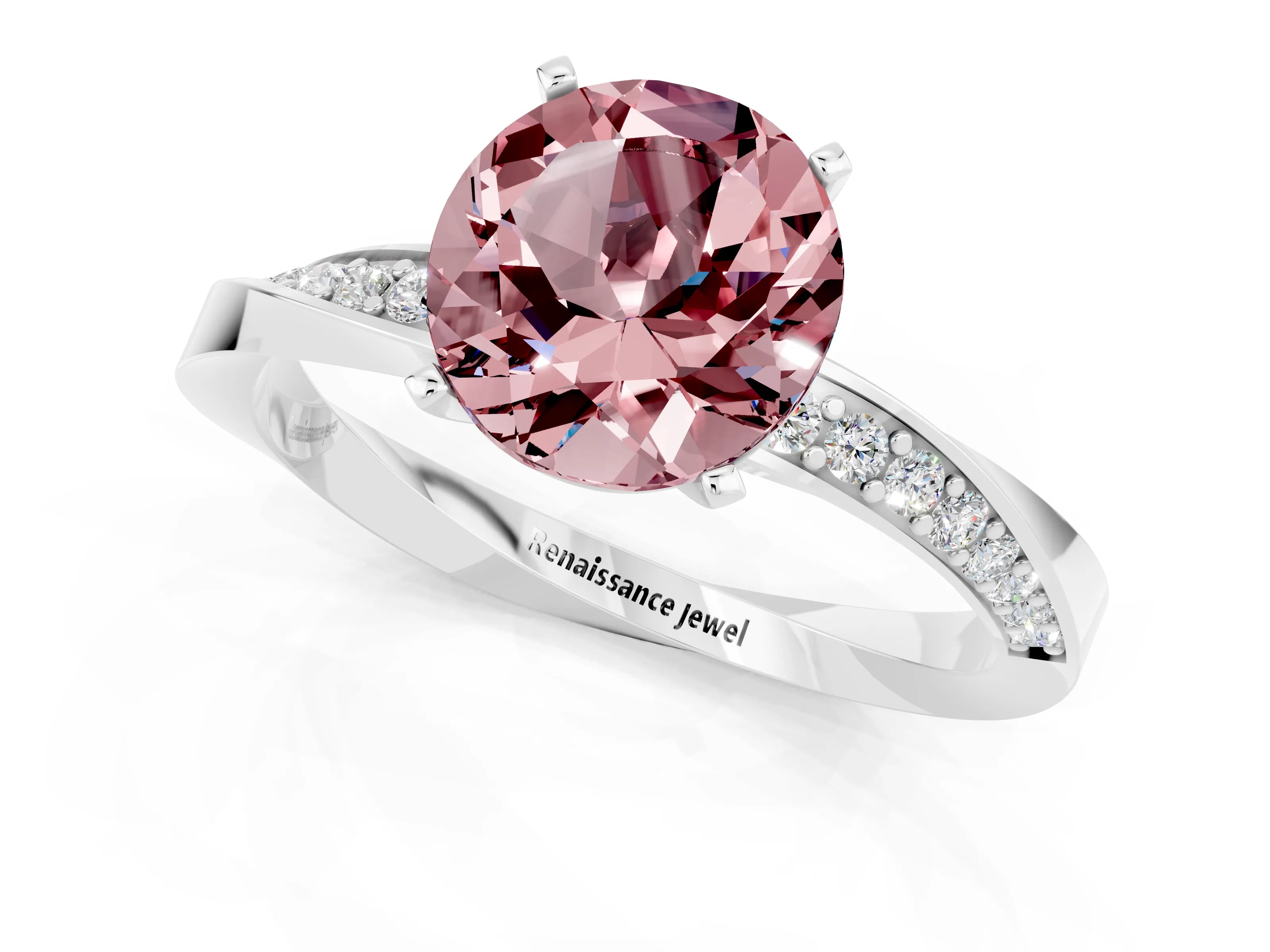 White gold Round Cut Morganite Engagement Ring with Side Stone Accents and Four-Prong Setting_28
