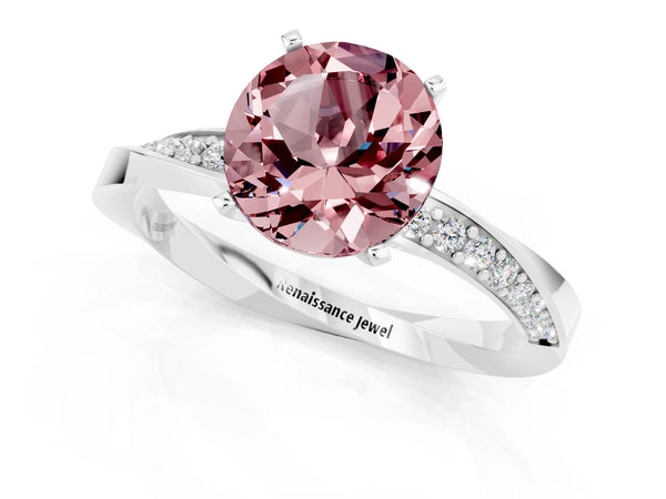 Silver Round Cut Morganite Engagement Ring with Side Stone Accents and Four-Prong Setting