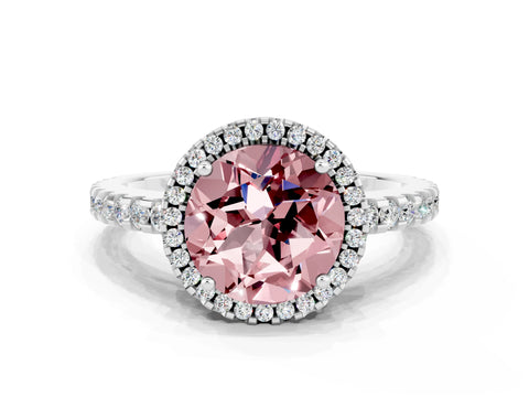 White gold Round Cut Morganite Halo Engagement Ring with Pavé Band and Prong Setting_12