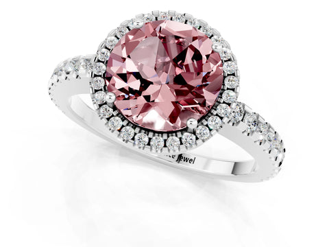 White gold Round Cut Morganite Halo Engagement Ring with Pavé Band and Prong Setting_13