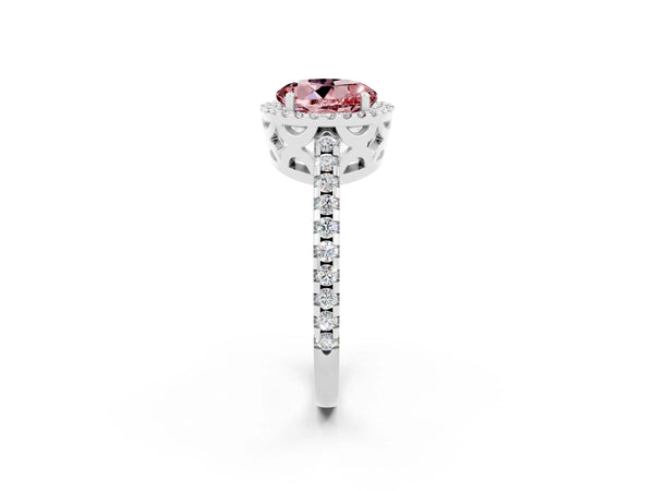 Silver Round Cut Morganite Halo Engagement Ring with Pavé Band and Prong Setting