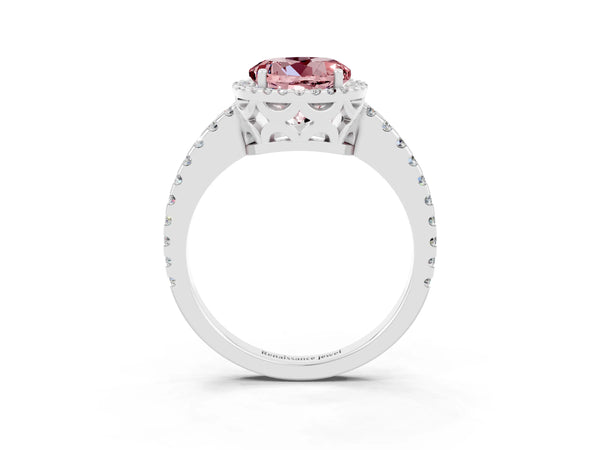 Silver Round Cut Morganite Halo Engagement Ring with Pavé Band and Prong Setting