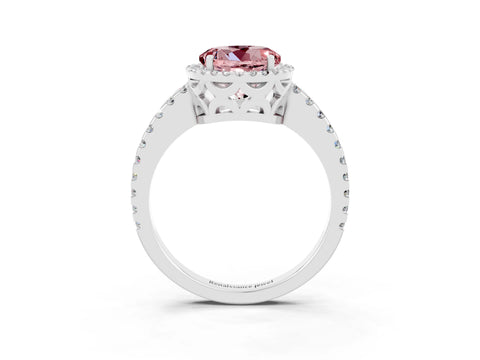 White gold Round Cut Morganite Halo Engagement Ring with Pavé Band and Prong Setting_15