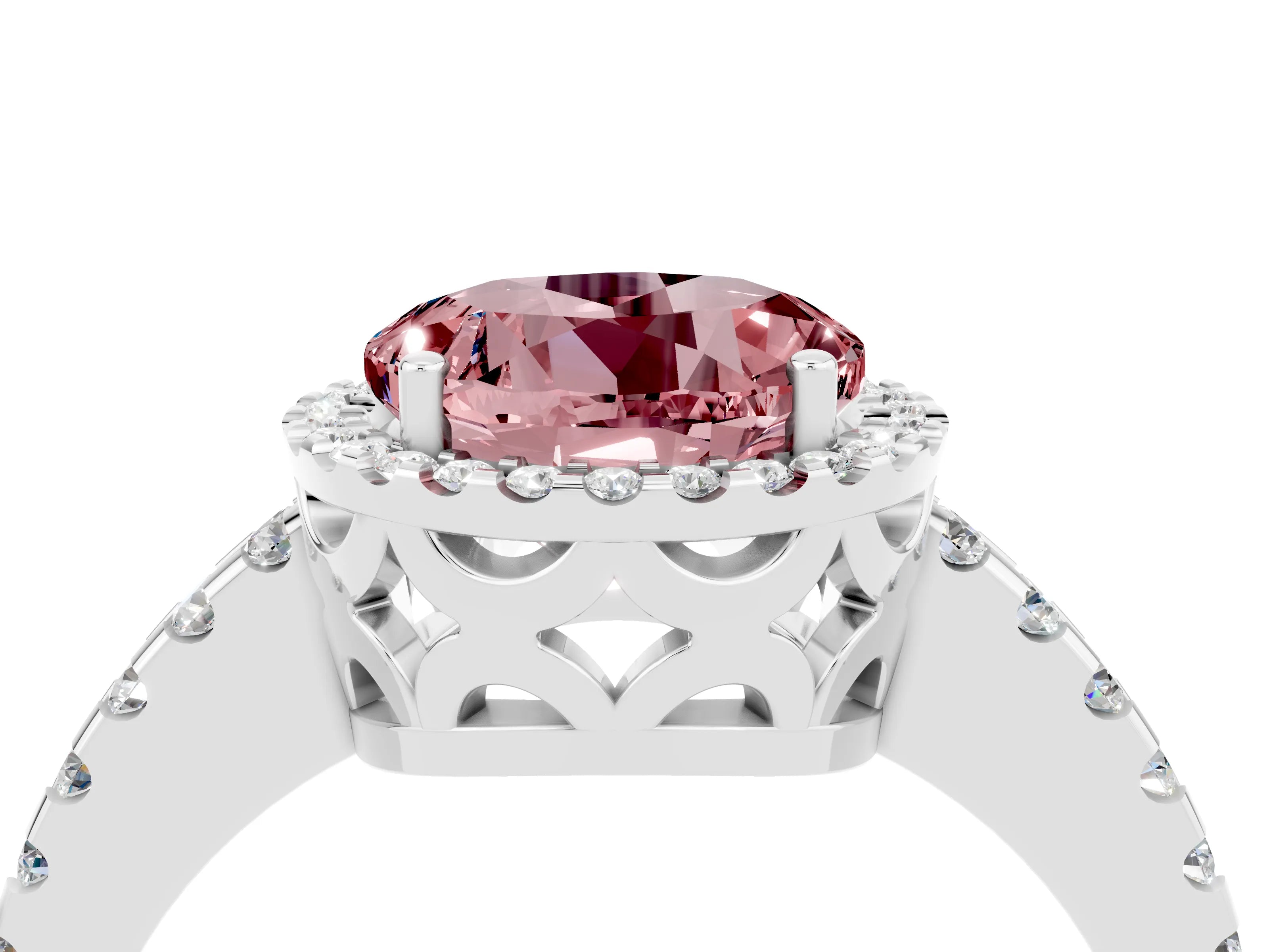 White gold Round Cut Morganite Halo Engagement Ring with Pavé Band and Prong Setting_16