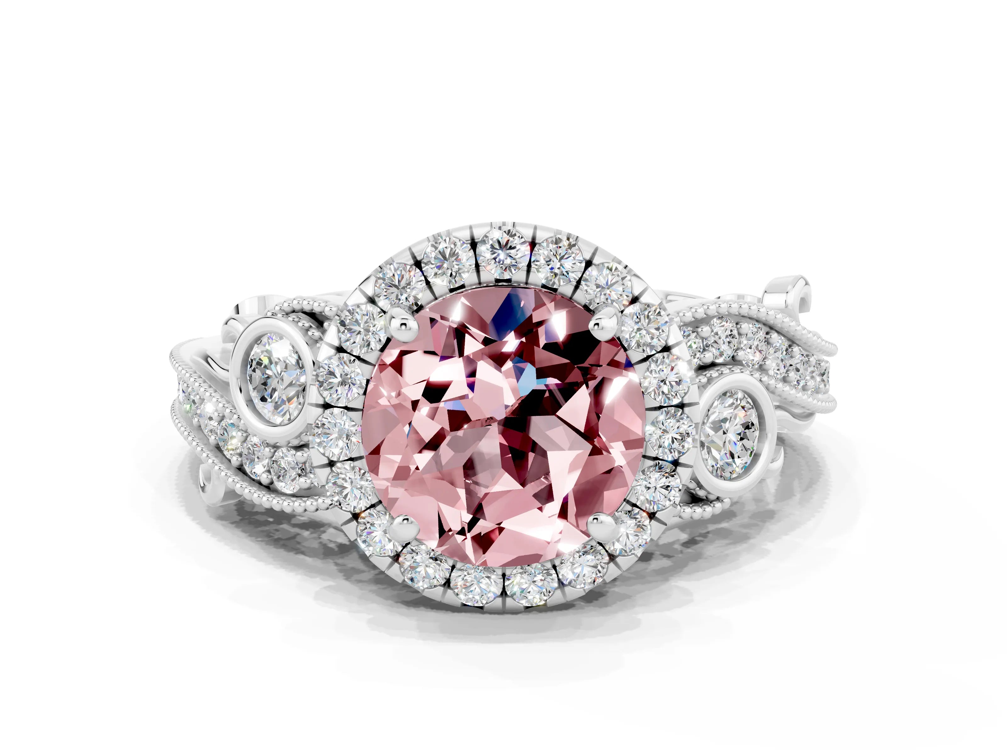 White gold Round Cut Morganite Halo Ring with Milgrain Pavé Band and Four-Prong Setting_12