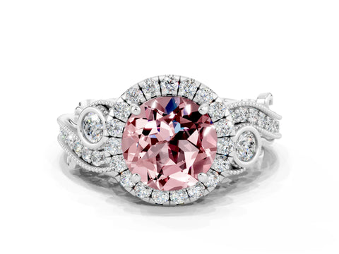 White gold Round Cut Morganite Halo Ring with Milgrain Pavé Band and Four-Prong Setting_12