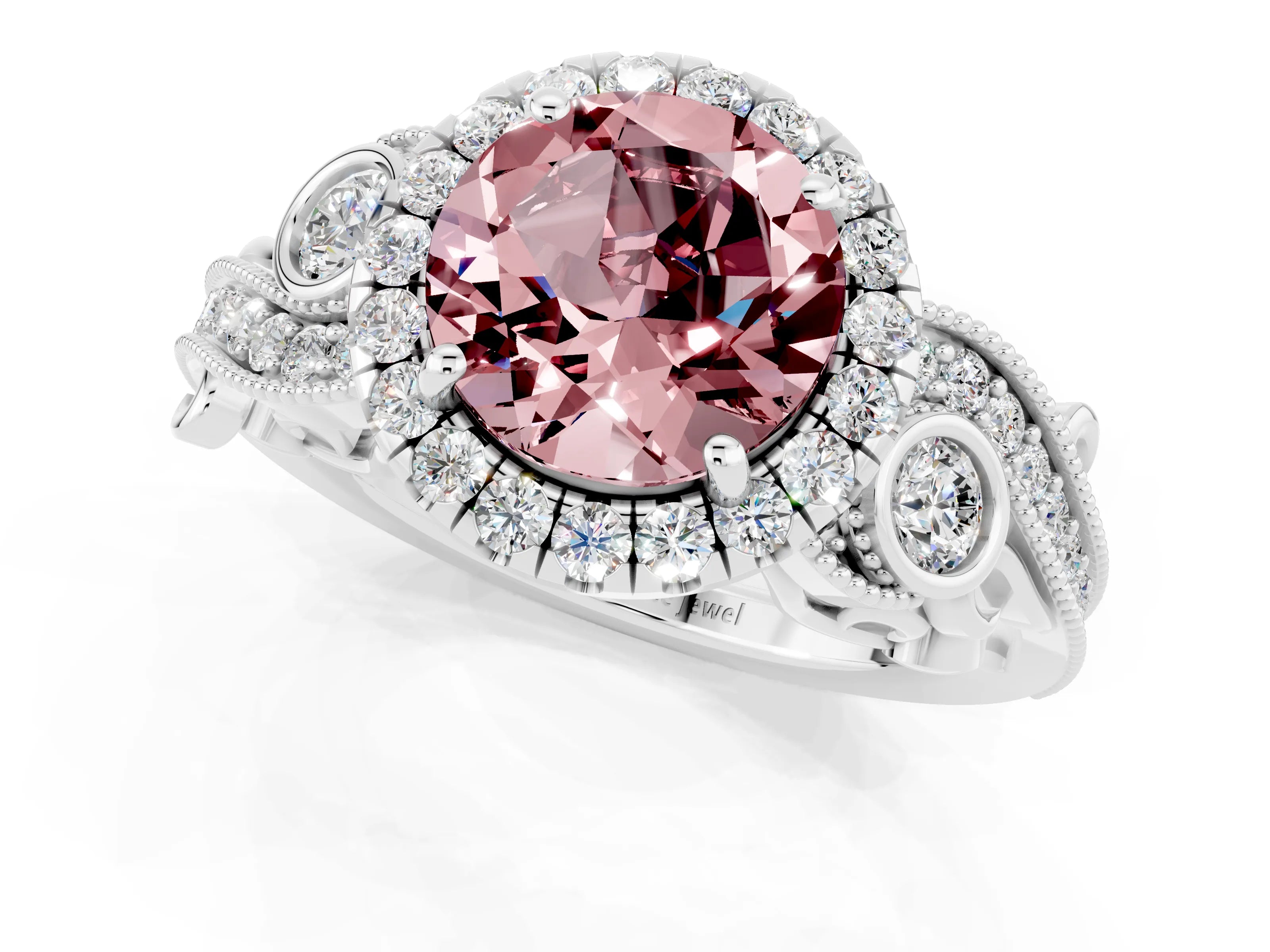 White gold Round Cut Morganite Halo Ring with Milgrain Pavé Band and Four-Prong Setting_13