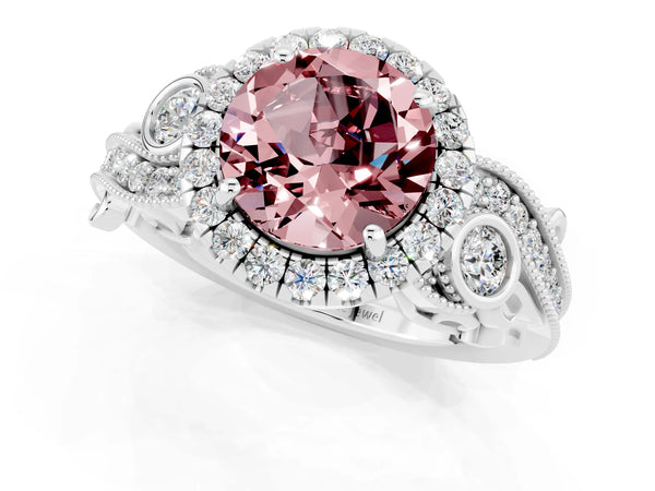 Platinum Round Cut Morganite Halo Ring with Milgrain Pavé Band and Four-Prong Setting