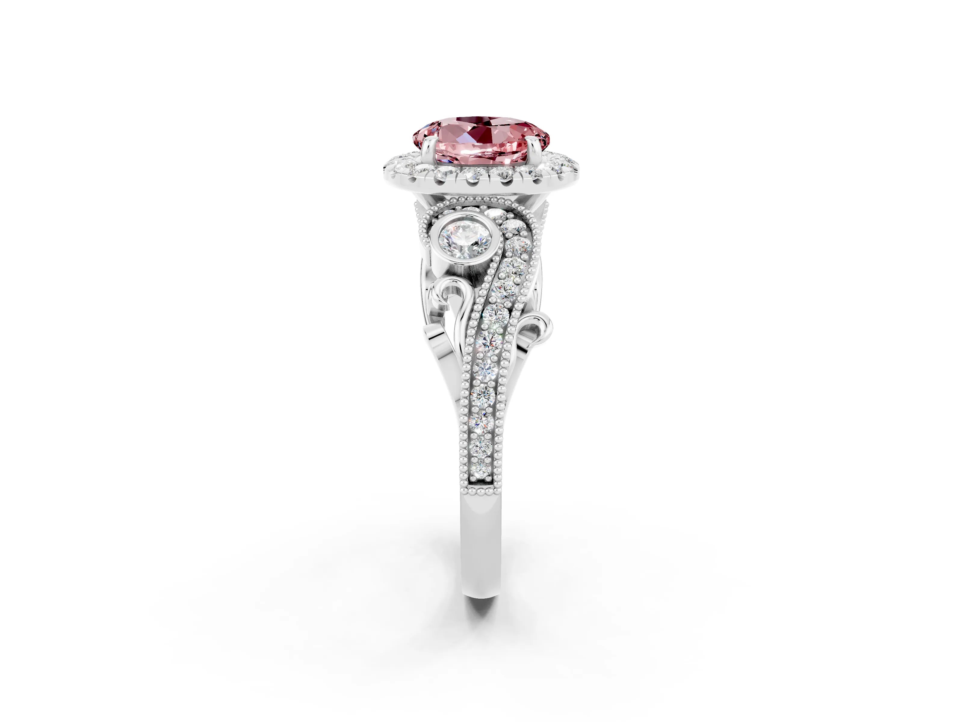 White gold Round Cut Morganite Halo Ring with Milgrain Pavé Band and Four-Prong Setting_14