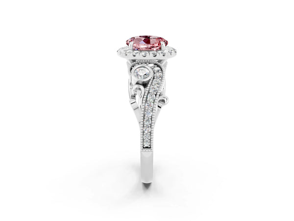 Platinum Round Cut Morganite Halo Ring with Milgrain Pavé Band and Four-Prong Setting