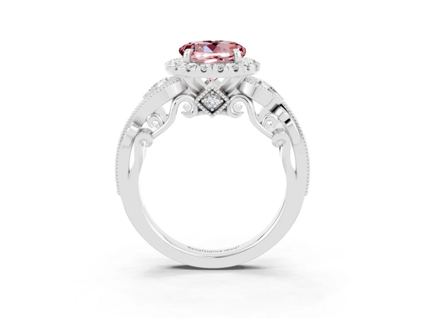 White gold Round Cut Morganite Halo Ring with Milgrain Pavé Band and Four-Prong Setting