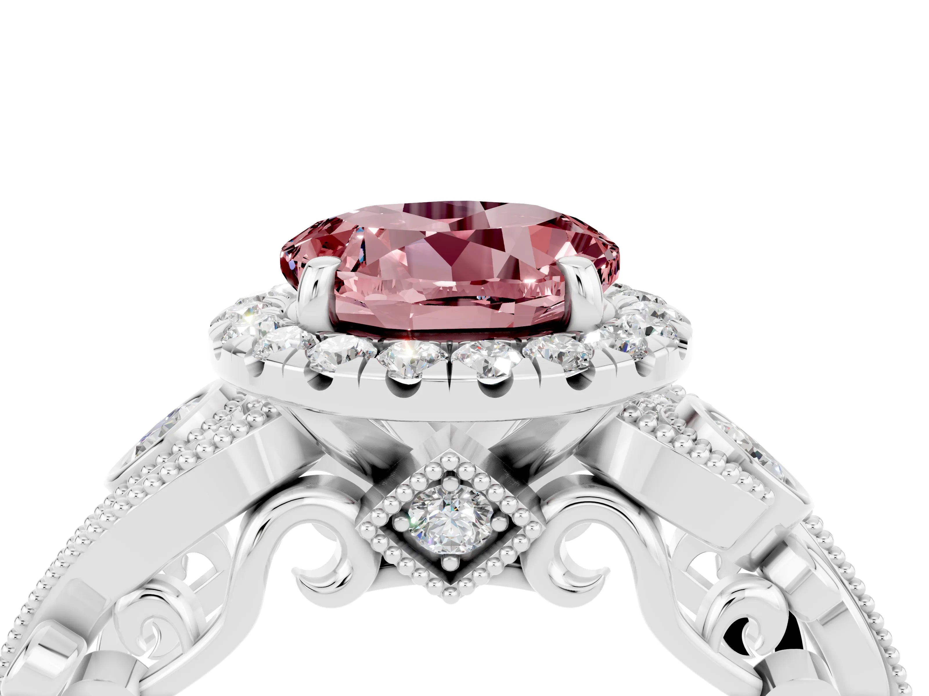 White gold Round Cut Morganite Halo Ring with Milgrain Pavé Band and Four-Prong Setting_16
