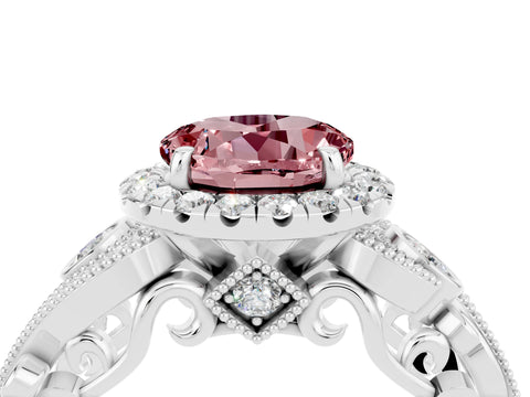 White gold Round Cut Morganite Halo Ring with Milgrain Pavé Band and Four-Prong Setting_16