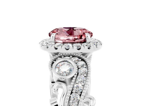 White gold Round Cut Morganite Halo Ring with Milgrain Pavé Band and Four-Prong Setting_17