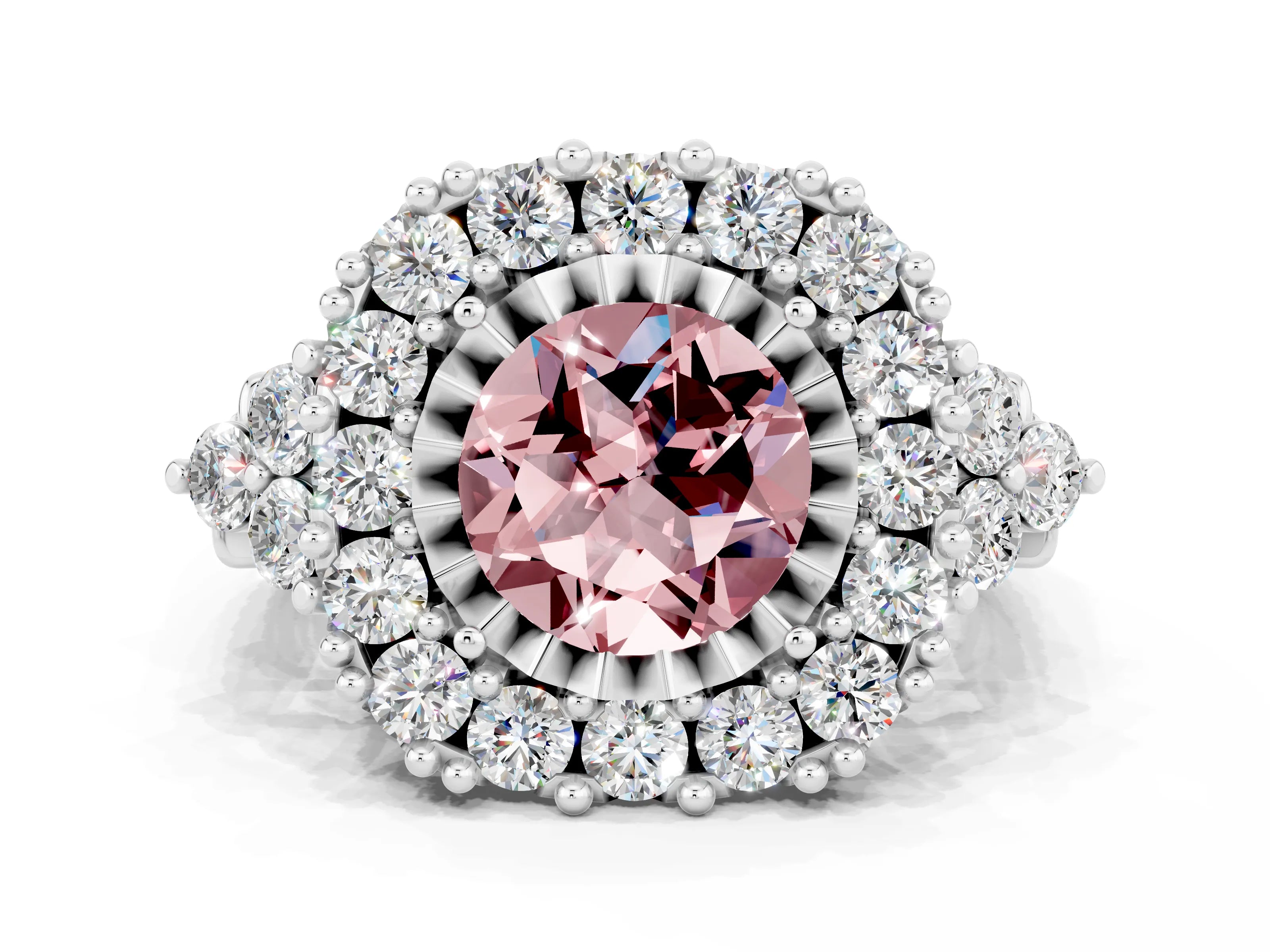 White gold Round Cut Morganite Halo Ring with Pavé Band and Four-Prong Setting_12