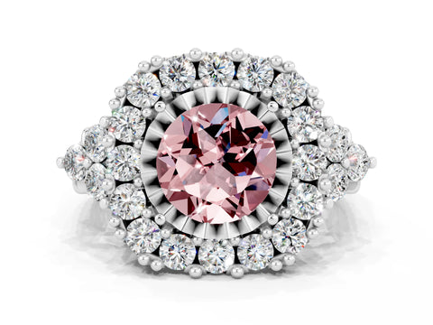 White gold Round Cut Morganite Halo Ring with Pavé Band and Four-Prong Setting_12