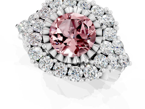 White gold Round Cut Morganite Halo Ring with Pavé Band and Four-Prong Setting_13