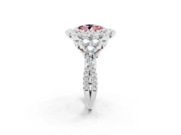 Platinum Round Cut Morganite Halo Ring with Pavé Band and Four-Prong Setting