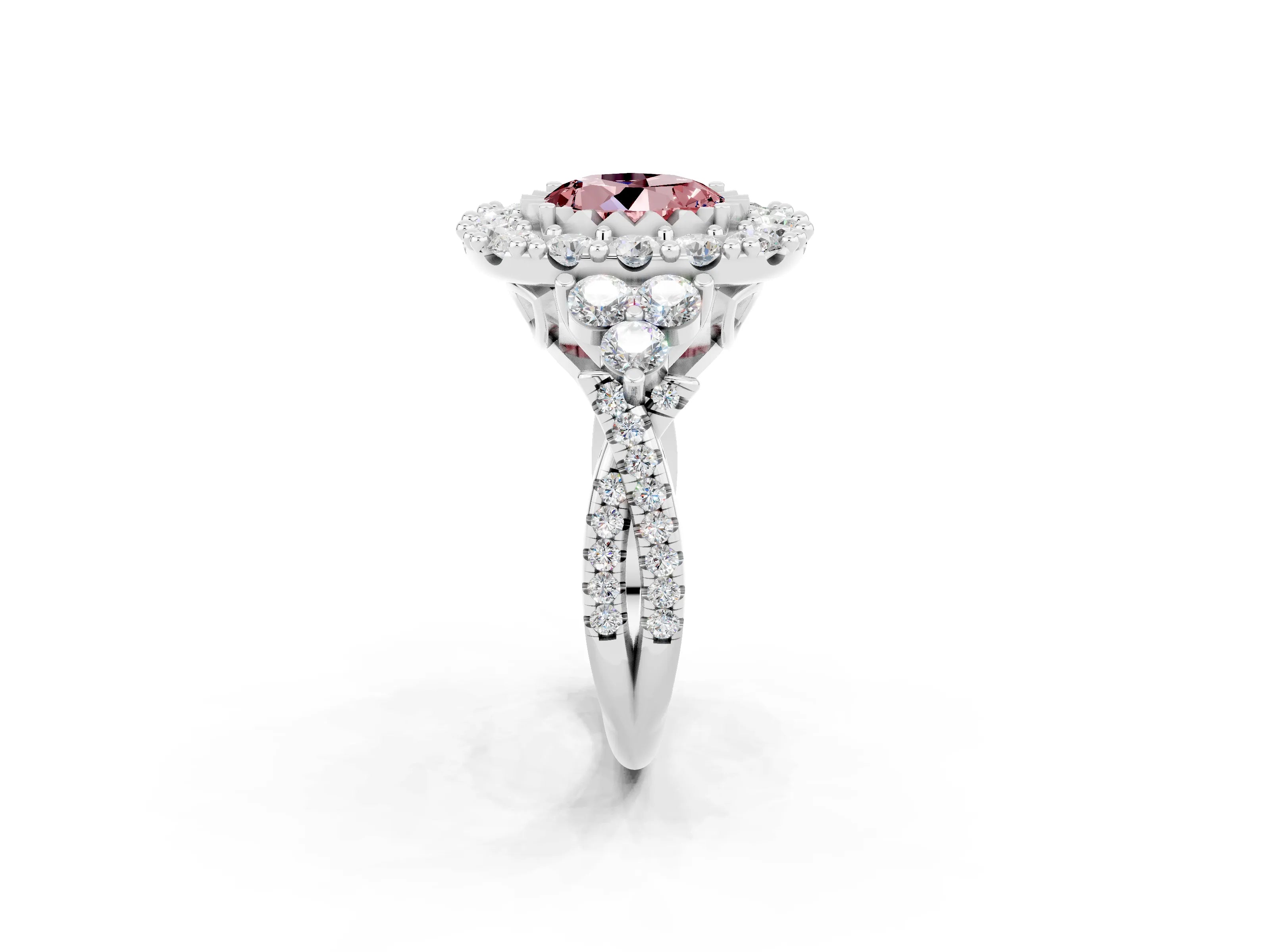 White gold Round Cut Morganite Halo Ring with Pavé Band and Four-Prong Setting_14